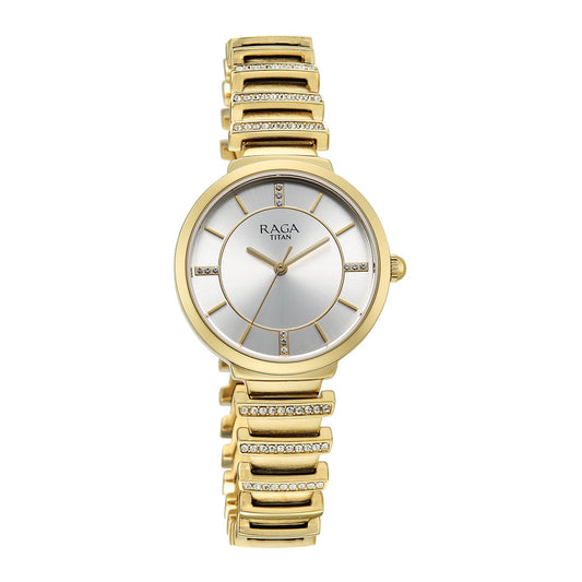 Titan Raga Spotlight Women's Quartz Analog Watch, Cream Dial, Gold Metal Strap, TI-95431YM01