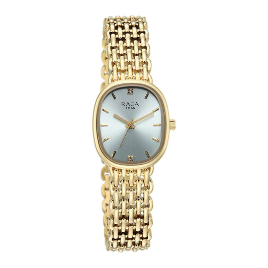 Titan Raga Spotlight Women's Quartz Analog Watch, Tiffany Blue Dial, Gold Metal Strap, TI-95430YM01
