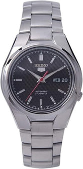 Seiko 21 Jewels Men's Automatic Watch Analog Black Dial with Silver Stainless Steel Band, SNK607K