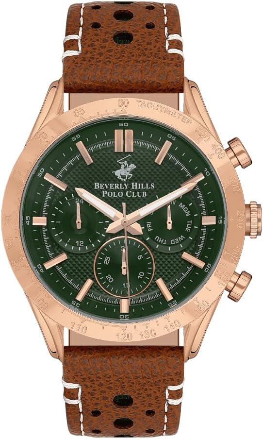 Beverly Hills Polo Club Men's Watch, Analog, Green Dial, Brown Leather Strap, BP3317X.472