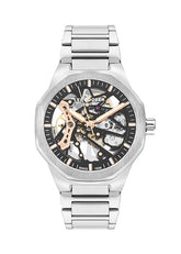 Lee Cooper Men's Automatic Skeleton Watch With Black Dial Silver Metal Band,LC07905.360