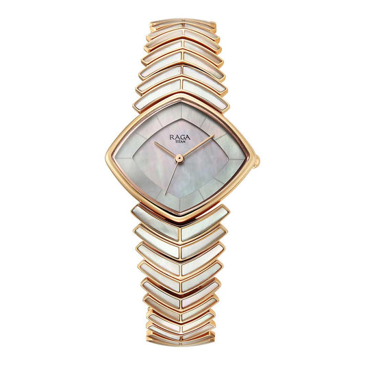 Titan Raga Women's Quartz Analog Watch, Mother Of Pearl Dial, Gold Metal Strap, TI-95393WM03