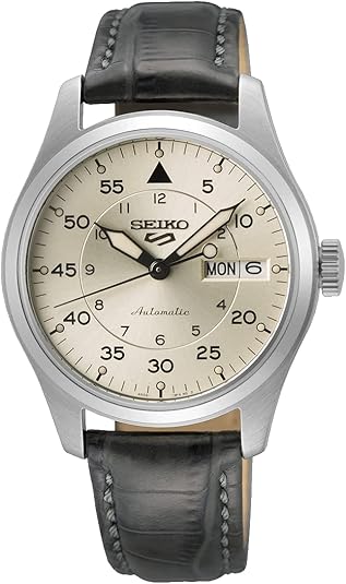 SEIKO 5 Automatic Men's Watch with Day and Date and Silver Dial with Black Leather Strap,SRPJ87K