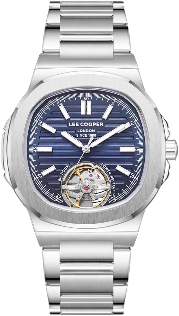Lee Cooper Men's Automatic Skeleton Watch Dark Blue Dial With Silver Metal Band,LC08227.390