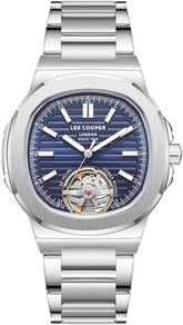 Lee Cooper Men's Automatic Skeleton Watch Dark Blue Dial With Silver Metal Band,LC08227.390