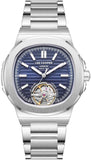 Lee Cooper Men's Automatic Skeleton Watch Dark Blue Dial With Silver Metal Band,LC08227.390