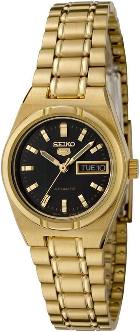 Seiko 5 Women's Automatic Watch Analog Black Dial with Gold Stainless Steel Band, SYM602K authentic Seiko watch with original box and warranty papers