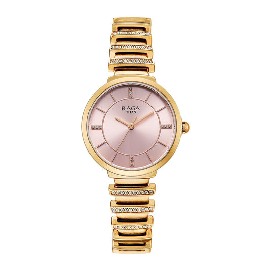Titan Raga Spotlight Women's Quartz Analog Watch, Pink Dial, Gold Metal Strap, TI-95431WM01