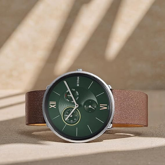 Titan, Men's, Analog Watch, Green Dial, with Leather Band, TI-1877SL01