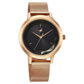Fastrack Fleek Women's Watch Analog Black Dial with Rose Gold Mesh Band, 6210WM03