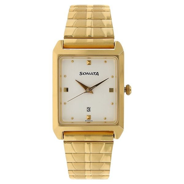 Sonata Men's Watch Analog White Dial With Gold Stainless Steel Band, 7007YM01