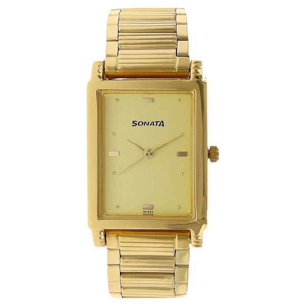 Sonata Men's Watch Analog Champagne Dial With Gold Stainless Steel Band, 7058YM02