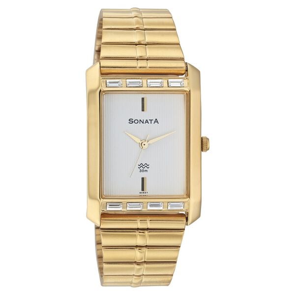 Sonata Men's Watch Analog Silver Dial With Gold Stainless Steel Band, 7075YM01