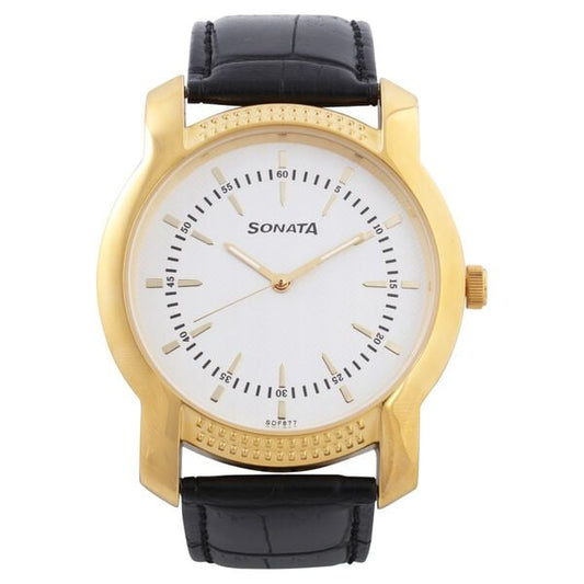 Sonata, Men, Analog, Watch, White Dial, Leather Strap, 7093YL01