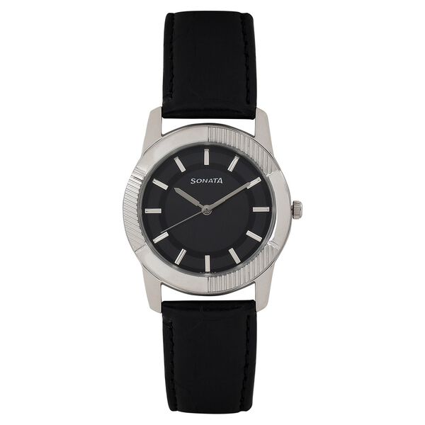 Sonata Men's Watch Analog Black Dial With Black Leather Strap, 7100SL01
