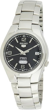 Seiko 21 Jewels Men's Automatic Watch Analog Black Dial with Silver Stainless Steel Band, SNK623K
