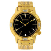 Sonata Men's Watch Analog Black Dial With Gold Stainless Steel Band, 7116YM01