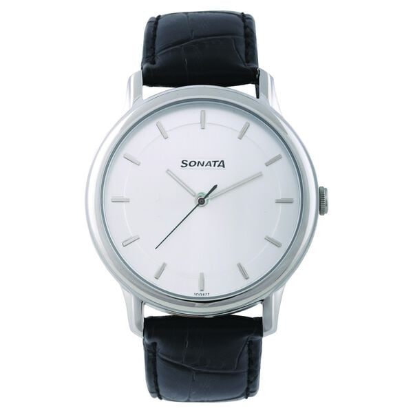 Sonata Men's Watch Analog White Dial With Black Leather Strap, 7128SL01