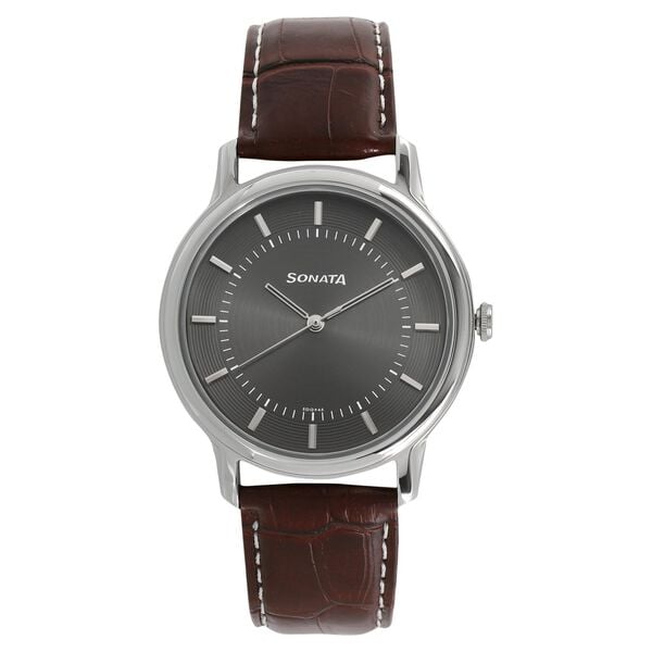Sonata Men's Watch Analog Grey Dial With Brown Leather Strap, 7128SL02
