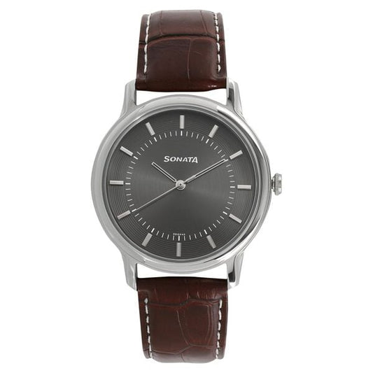 Sonata, Men, Analog, Watch, Grey Dial, Leather Strap, 7128SL02