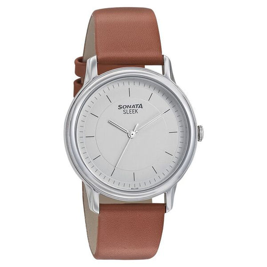 Sonata, Men, Analog, Watch, White Dial, Leather Strap, 7128SL03