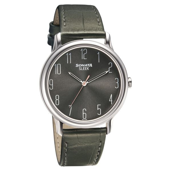 Sonata Men's Watch Analog Grey Dial With Grey Leather Strap, 7128SL04