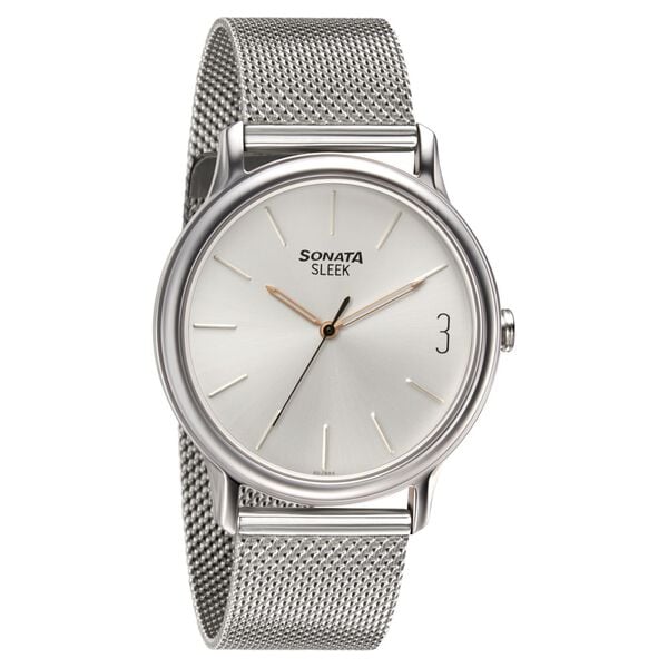 Sonata Men's Watch Analog Silver Dial With Mesh Stainless Steel Band, 7128SM04