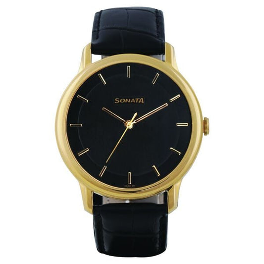 Sonata, Men, Analog, Watch, Black Dial, Leather Strap, 7128YL01