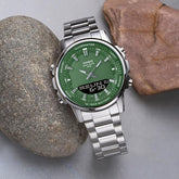 Casio Men's Watch Analog-Digital Green Dial With Silver Stainless Steel Band, AMW-880D-3AVDF