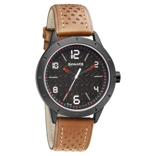 Sonata, Men, Analog, Watch, Black Dial, Leather Strap, 7137AL02