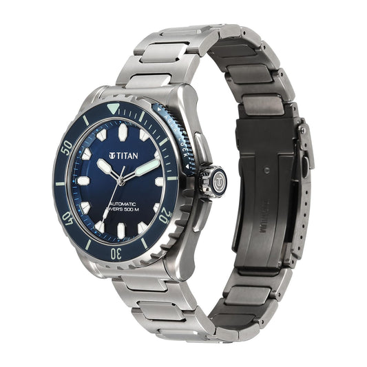 Titan Zero Hour Diver's Series Men's Automatic Watch Black Dial with Silver Stainless Steel Band | 500M Water Resistant, 10071KM01