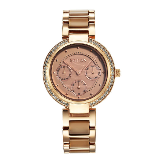 Titan Acetate Women's Multifunction Watch Analog Mother Of Pearl Dial with Two-Toned Band, 95187KD03