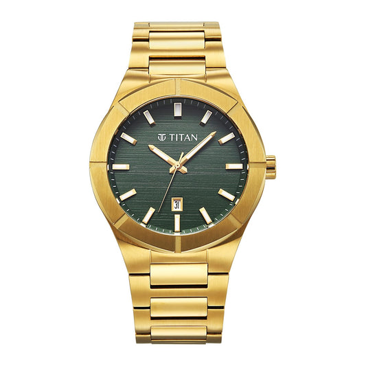 Titan Titan Men's Quartz Analog Watch, Green Dial, Gold Stainless Steel Strap, TI-90240YM02
