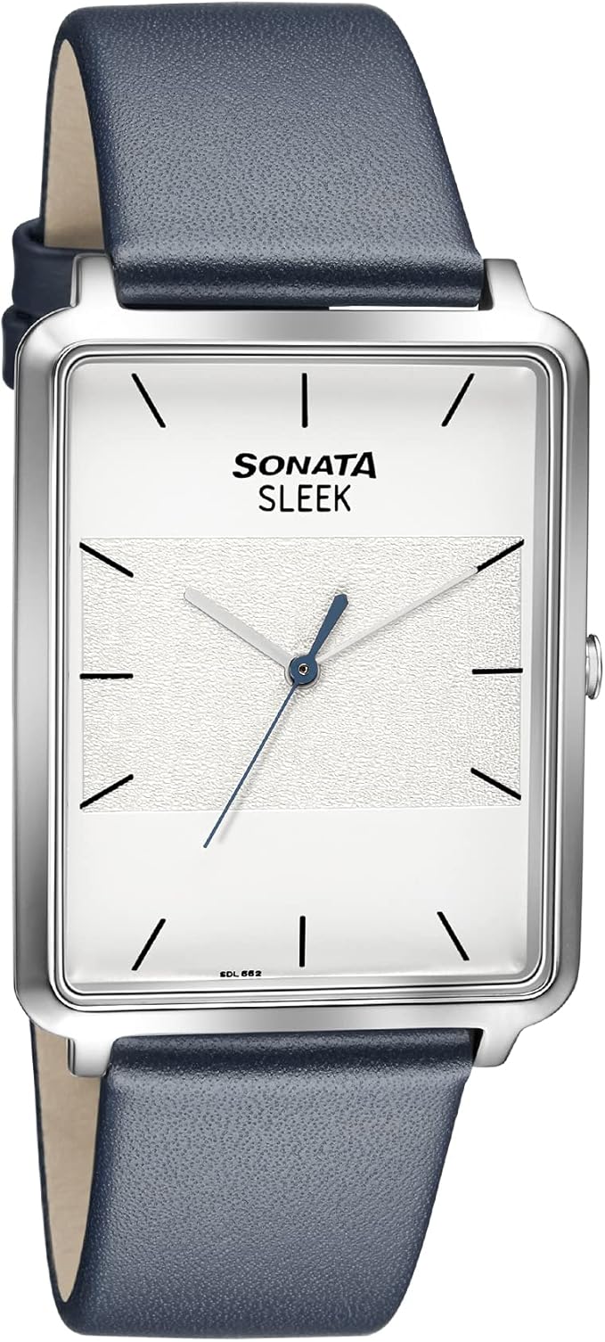 Sonata Men's Watch Analog Silver Dial With Black Leather Strap, 7144SL01