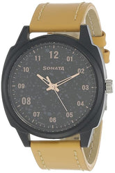 Sonata Men's Watch Analog Black Dial With Brown Leather Strap, 77086PL01