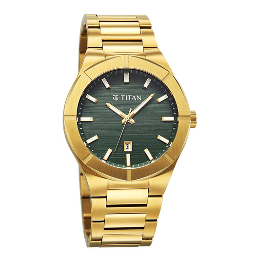 Titan Titan Men's Quartz Analog Watch, Green Dial, Gold Stainless Steel Strap, TI-90240YM02