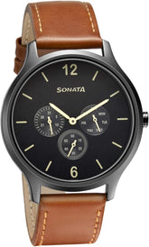 Sonata Men's Watch Analog Grey Dial With Brown Leather Strap, 7140NL01