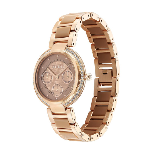 Titan Acetate Women's Multifunction Watch Analog Mother Of Pearl Dial with Two-Toned Band, 95187KD03