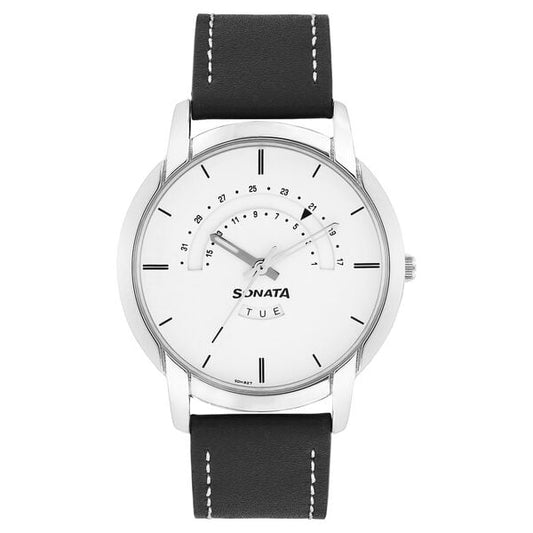 Sonata, Men, Analog, Watch, White Dial, Leather Strap, 77031SL02