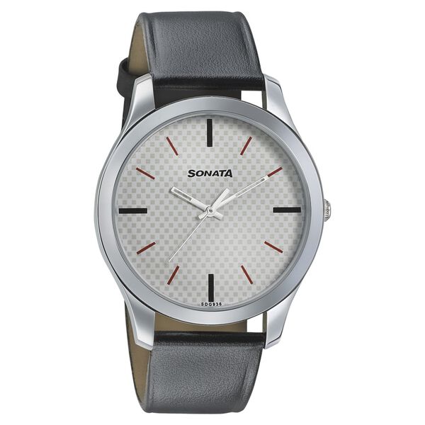 Sonata Men's Watch Analog White Dial With Black Leather Strap, 77063SL04