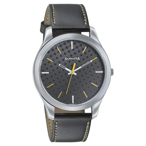 Sonata Men's Watch Analog Black Dial With Black Leather Strap, 77063SL05