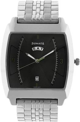 Sonata Men's Watch Analog Black Dial With Stainless Steel Band, 77064SM01