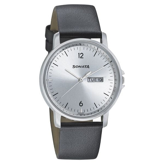 Sonata, Men, Analog, Watch, Silver Dial, Leather Strap, 77083SL02