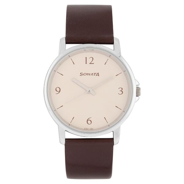 Sonata Men's Watch Analog White Dial With Brown Leather Strap, 77083SL04