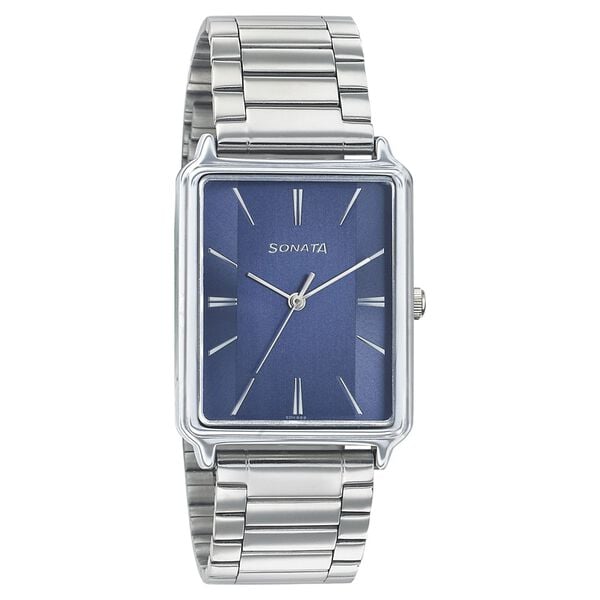 Sonata Men's Watch Analog Blue Dial With Stainless Steel Band, 77084SM03