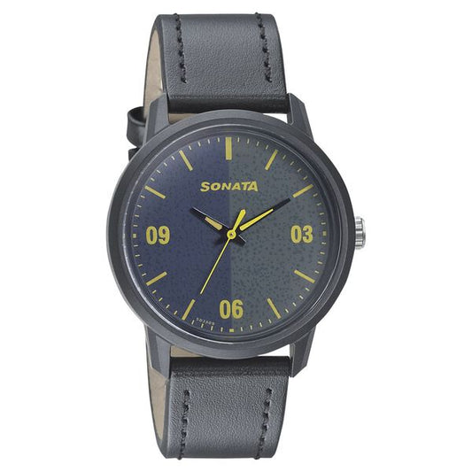 Sonata, Men's, Analog Watch, Black Dial, with Leather Band, SO-77085PL03