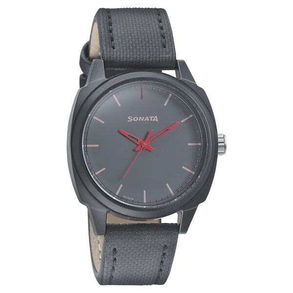Sonata Men's Watch Analog Grey Dial With Grey Leather Strap, 77086PL02