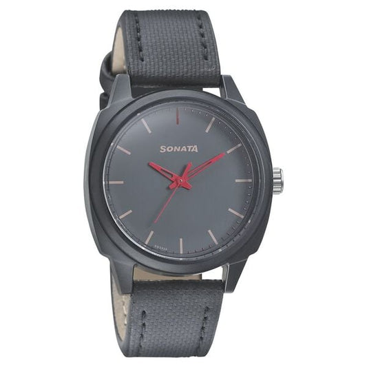 Sonata, Men, Analog, Watch, Grey Dial, Leather Strap, 77086PL02