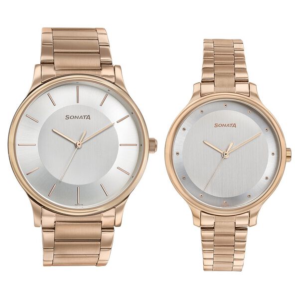 Sonata Couple Watch Analog Silver Dial With With Golden Stainless Steel Band, 77105WM02P