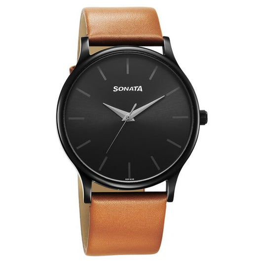 Sonata, Men, Analog, Watch, Black Dial, Leather Strap, 77105NL09